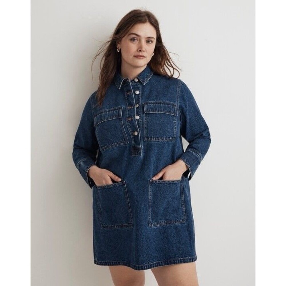 Madewell Blue Denim Mini Popover Shirtdress Long Sleeve Button Pockets Plus 2XL